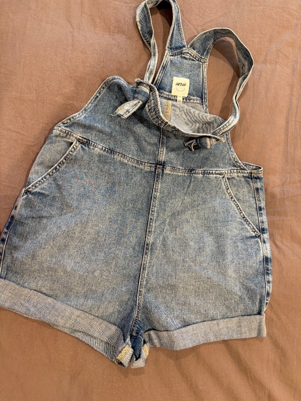 aerie Light Blue Denim Short Overalls Romper